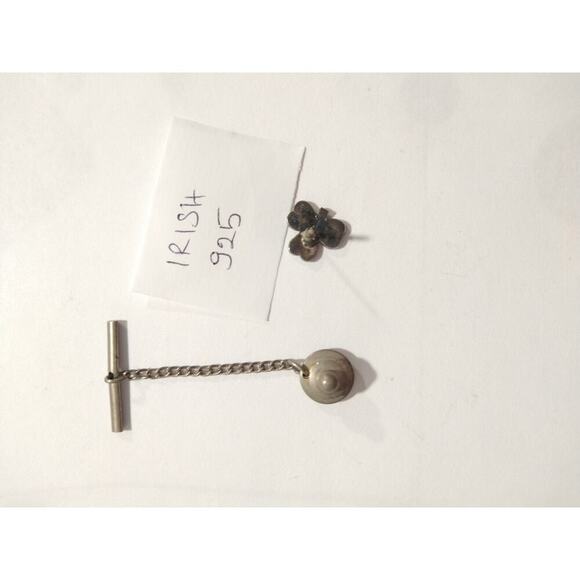 Shamrock Tie Tack 925 Sterling Silver With Green Enamel Vintage Irish Clover - Picture 10 of 11